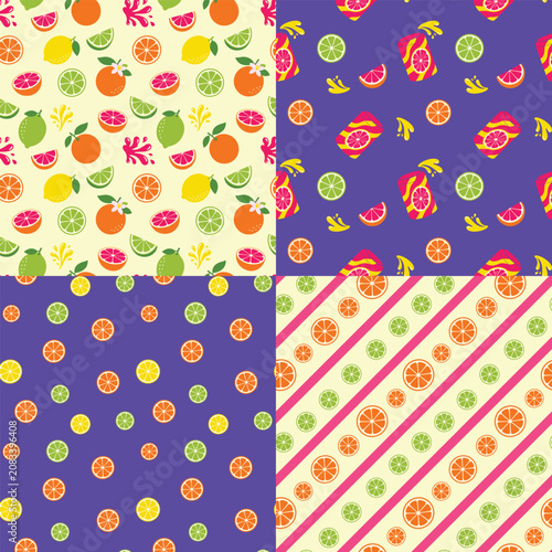 Vibrant dopamine aesthetic summer citrus seamless pattern collection. 4 maximalist vector backgrounds featuring dense fruit mix, soda cans, minimalist citrus rounds, and preppy candy stripes on 