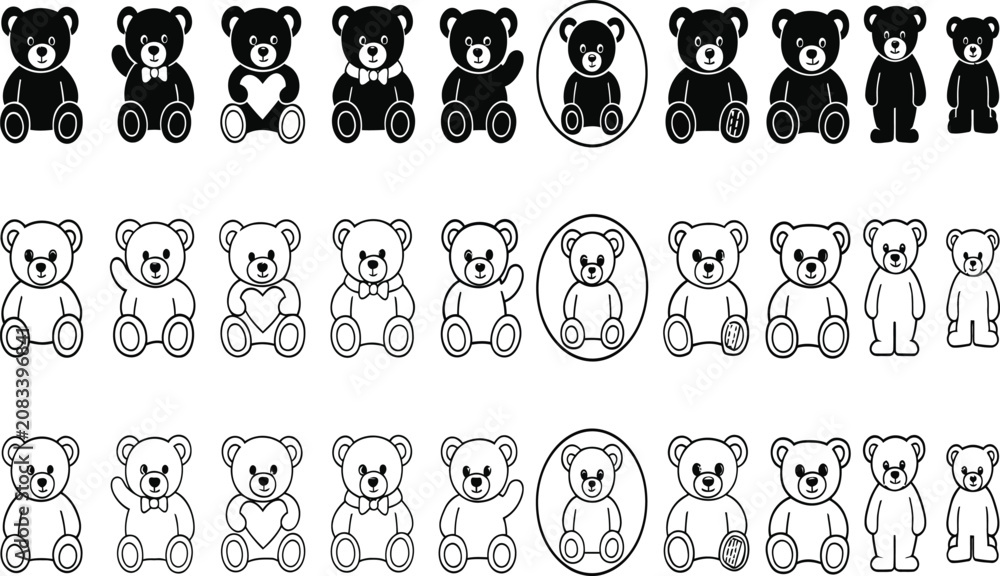 Fototapeta premium Teddy Bear Icon Set: Teddy bears arranged in repeating rows show different poses and styles in a black and white monochromatic vector illustration. teddy, bear, toy, plush, animal, child, doll,