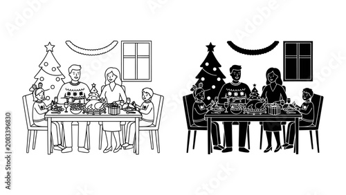 Tablou pe pânză Family Feast by the Christmas Tree: A heartwarming illustration depicts a family gathered around a festive dinner table, sharing a meal beneath a beautifully decorated Christmas tree