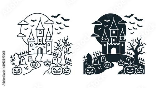 Canvas Print Halloween Castle and Pumpkins: A spooky illustration depicts a haunted castle silhouetted against a full moon, surrounded by eerie trees, gravestones, and grinning jack-o'-lanterns