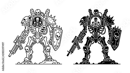 Fotografia Skeleton Warrior Mech Battle Ready: Two intricately detailed skeleton warrior mechs stand poised for combat, one in a line art style and the other as a dark silhouette