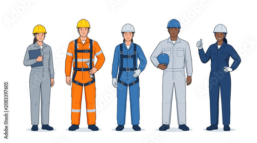 A diverse team of five construction workers, including men and women in various safety uniforms and hard hats, stand together.