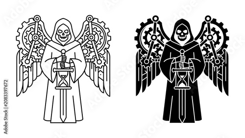 Cuadro en lienzo Steampunk Grim Reaper with Hourglass: A stylized depiction of the Grim Reaper in steampunk aesthetic, with mechanical wings and holding an hourglass and sword