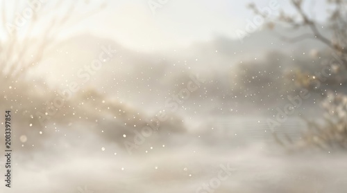 A hazy, atmospheric landscape unfolds before the viewer, featuring distant mountains shrouded in mist.