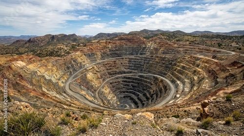 A massive open-pit mine cuts deeply into a rugged, arid landscape. A winding road snakes along the perimeter of the excavation, revealing the scale of the operation.
