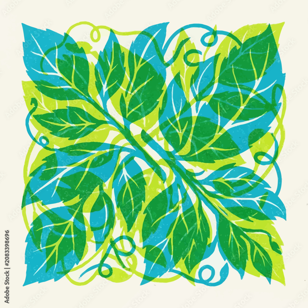Fototapeta premium Abstract Decorative Floral Pattern with Overlapping Blue and Green Leaves and Curly Vine Tendrils