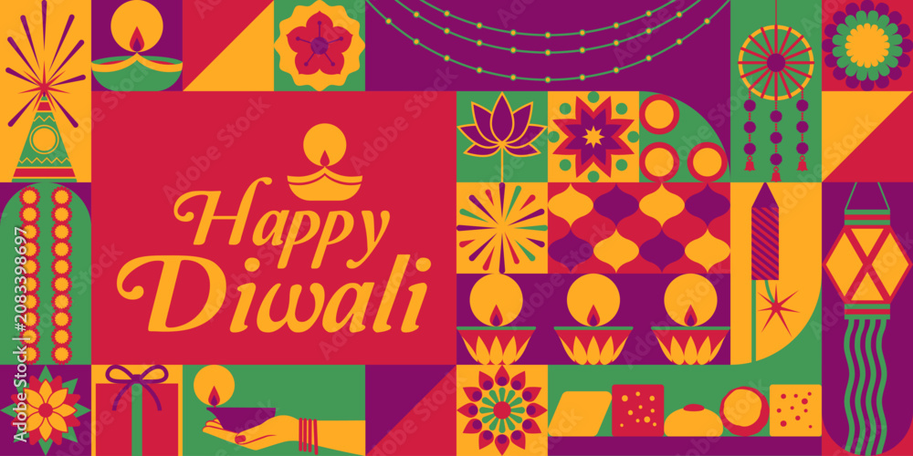 Fototapeta premium Happy Diwali festival of lights celebration banner with Holiday icons