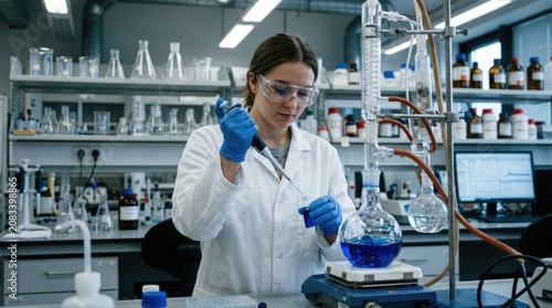A young woman in a laboratory conducts a chemical experiment. She wears safety glasses and blue gloves.
