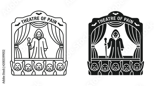 Fényképezés Theatrical Pain Performance: A chilling depiction of a performer in a hooded robe on a stage, commanding attention as an audience reacts with exaggerated fear