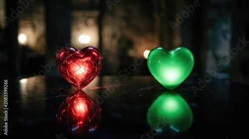 Two glowing heart-shaped objects rest on a dark table. A red heart emits a vibrant, fiery glow, while a green heart shines with a cool, luminous light.