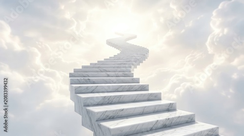 A grand marble staircase ascends into a bright, ethereal sky filled with fluffy clouds. The staircase appears to lead towards a radiant light source, creating a sense of aspiration and transcendence.