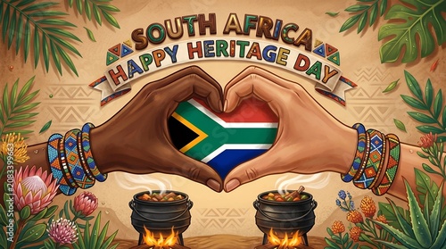 Diverse South African Hands Forming Heart Symbol with National Flag Celebrating Heritage Day