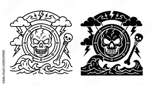 Konstfotografi Skull and Lightning Motif: A striking illustration featuring a menacing skull at the center, framed by a circular emblem, set against a backdrop of stormy clouds, lightning bolts, and crashing waves