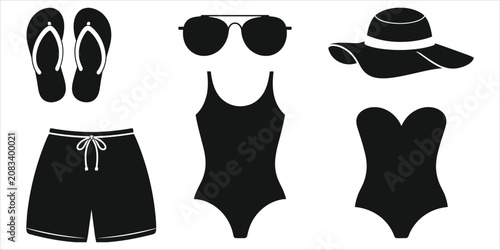 Obraz na plátně Black silhouettes of summer beachwear and accessories on a white background Keyw