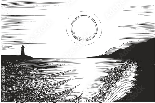 Obraz na plátně 灯台と輝く太陽のある穏やかな海岸風景の白黒インク画。