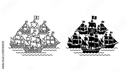 Konstfotografi Pirate Ship Fleet Illustration: A striking illustration depicts a fleet of pirate ships, complete with Jolly Roger flags, sailing the open sea in both grayscale and silhouette styles