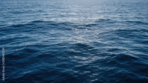 Dark blue ocean waves roll across the water. Sunlight reflects off the surface, creating shimmering patterns.