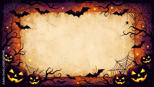Halloween Border Frame Background with Spooky Pumpkins and Bats on Old Paper Texture