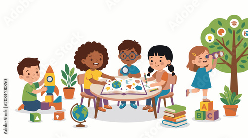 Diverse children learning and playing with educational items