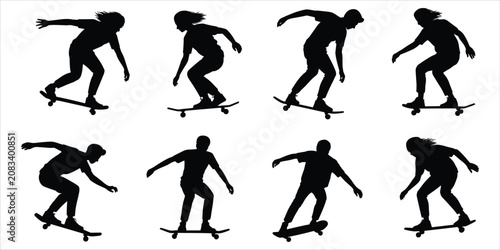 Φωτογραφία Silhouette Collection of Skateboarders Performing Tricks on White Background Key