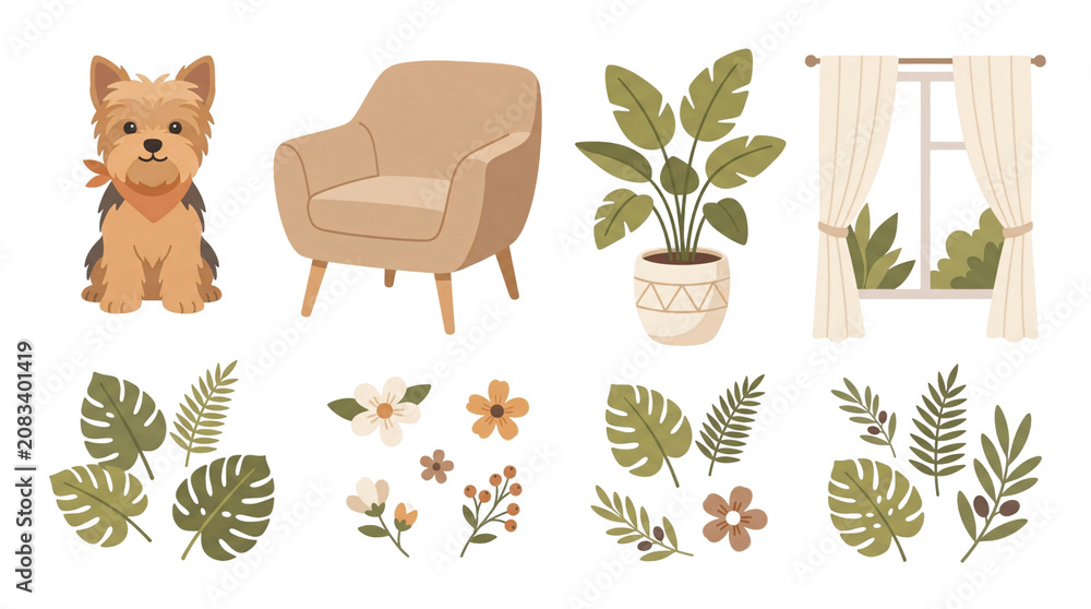 Obraz premium Watercolor illustration set of home interior elements with dog armchair and plants.