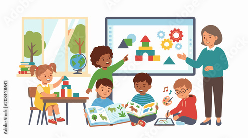 Diverse children engage in learning activities with a teacher