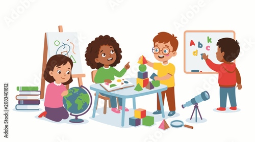 Diverse children engage in learning activities with educational tools like globe blocks easel and whiteboard