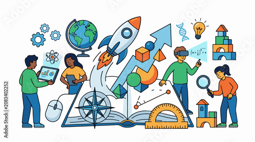 Diverse children engage in learning exploring science math and technology