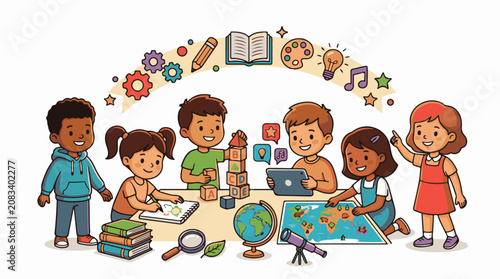 Diverse children engage in learning playing with blocks maps and tablets
