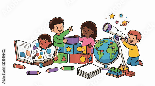 Diverse children engage in learning with books blocks globe and telescope
