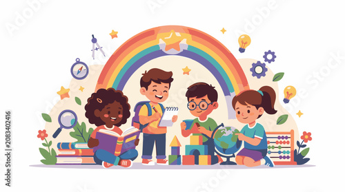 Diverse children engage in learning with books globe blocks and rainbow