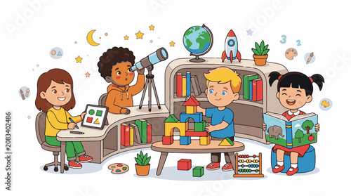 Diverse children engage in learning with books toys and technology