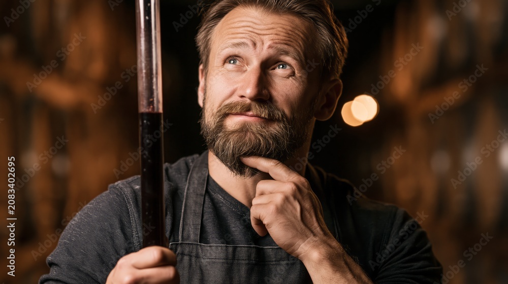 Obraz premium Winemaker holding a wine thief sampling tube in a barrel room while thinking. Concept of quiz, consultation and trivia about winemaking.