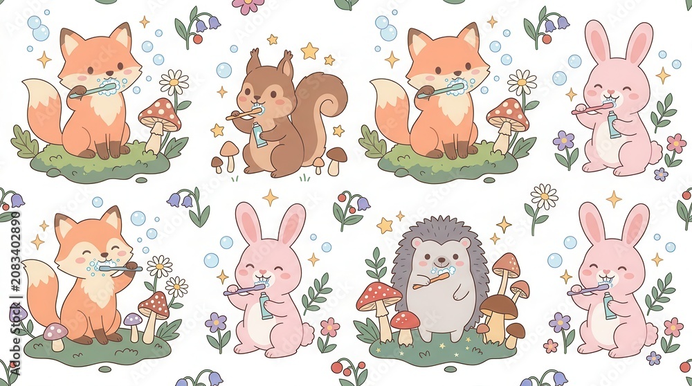Fototapeta premium Adorable cartoon animals brushing teeth with bubbles, mushrooms, and flowers on a white background