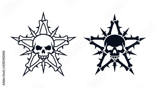 Obraz na plátně Skull and Bones Star Emblem: A stark, graphic representation of a skull encircled by crossed bones and sharp thorns, forming a formidable five-pointed star