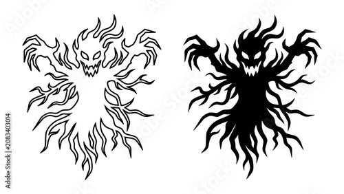 Canvastavla Scary Ghost Silhouette: A menacing ghost illustration in both outline and solid silhouette, with fiery tendrils and glowing eyes, evoking fear and the supernatural