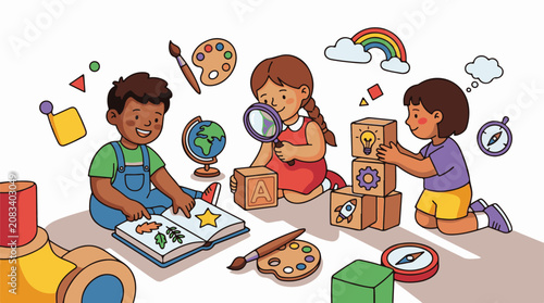 Diverse children engage in playful learning with educational toys