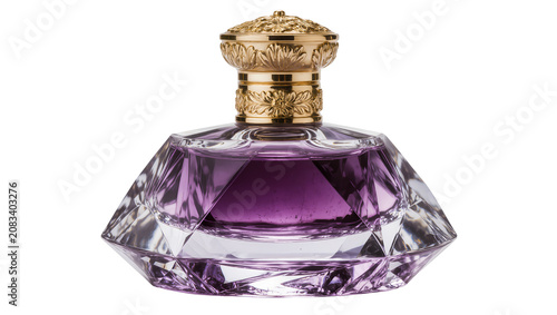 Bild auf Leinwand Luxury faceted glass perfume bottle with gold ornate cap and purple liquid