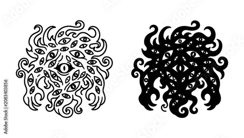 Multitude of Eyes: A striking, abstract representation of a creature or entity composed of numerous eyes and swirling tendrils, presented in both outline and silhouette form.