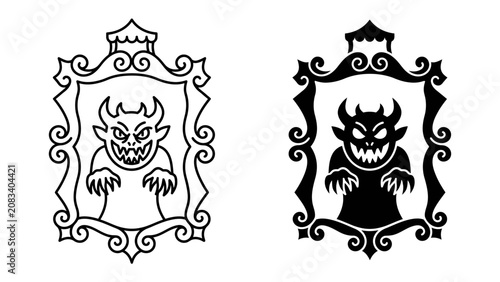 Fotografie Spooky Creature Portrait: A stylized illustration of a fearsome creature with sharp teeth and horns, enclosed within an ornate, vintage frame, depicted in both line art and silhouette