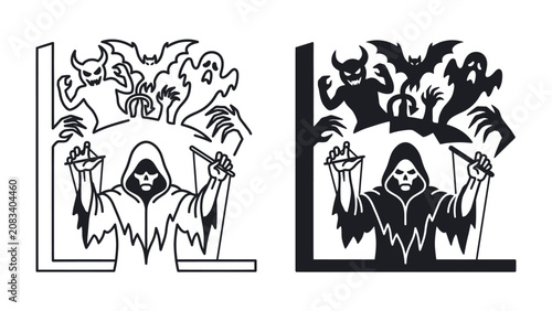Foto Haunted Marionette Master: A spooky grim reaper figure, resembling a puppeteer, controls a host of ghoulish characters including ghosts, demons, and bats