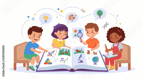 Diverse children learning from a large open book filled with educational images