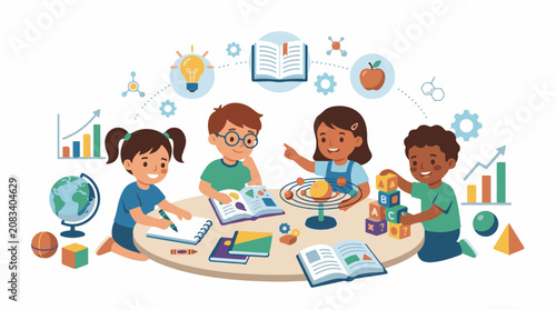 Diverse children learning exploring science math and creativity at a table