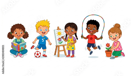 Five Happy Children Doing Different Activities Cartoon Vector Illustration Isolated on White