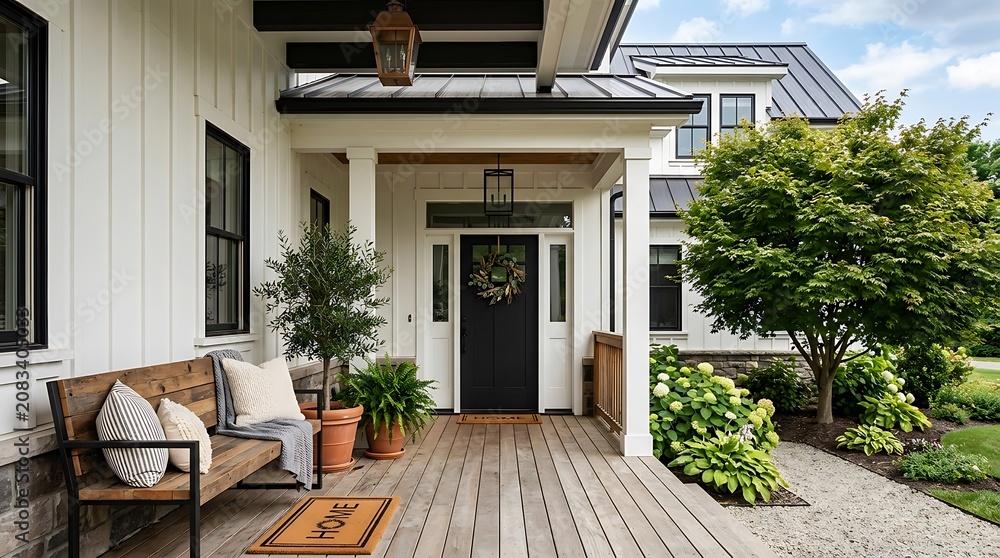 Fototapeta premium Modern suburban home exterior with patio furniture and greenery.