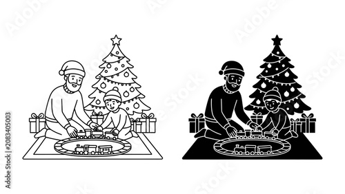 Принти на полотні Christmas Joy with Family: A father and son, dressed in festive Santa hats, share a heartwarming moment assembling a toy train set under a beautifully decorated Christmas tree