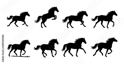 Schilderij op canvas Horse Silhouette Animation Sequence, Galloping and Trotting Vector Icons, Equest