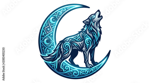 A wolf howls at the moon with intricate patterns on its fur and the crescent moon in a mystical nighttime scene with a clear sky and stars.