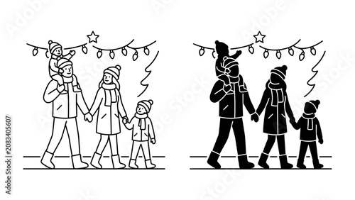 фотографія Winter Family Stroll: A heartwarming line art illustration depicts a family, including parents carrying a child on shoulders