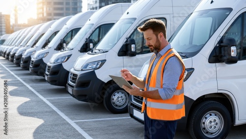 Fleet Manager Inspecting Commercial Delivery Vans with Digital Tablet for Logistics and Fleet Management